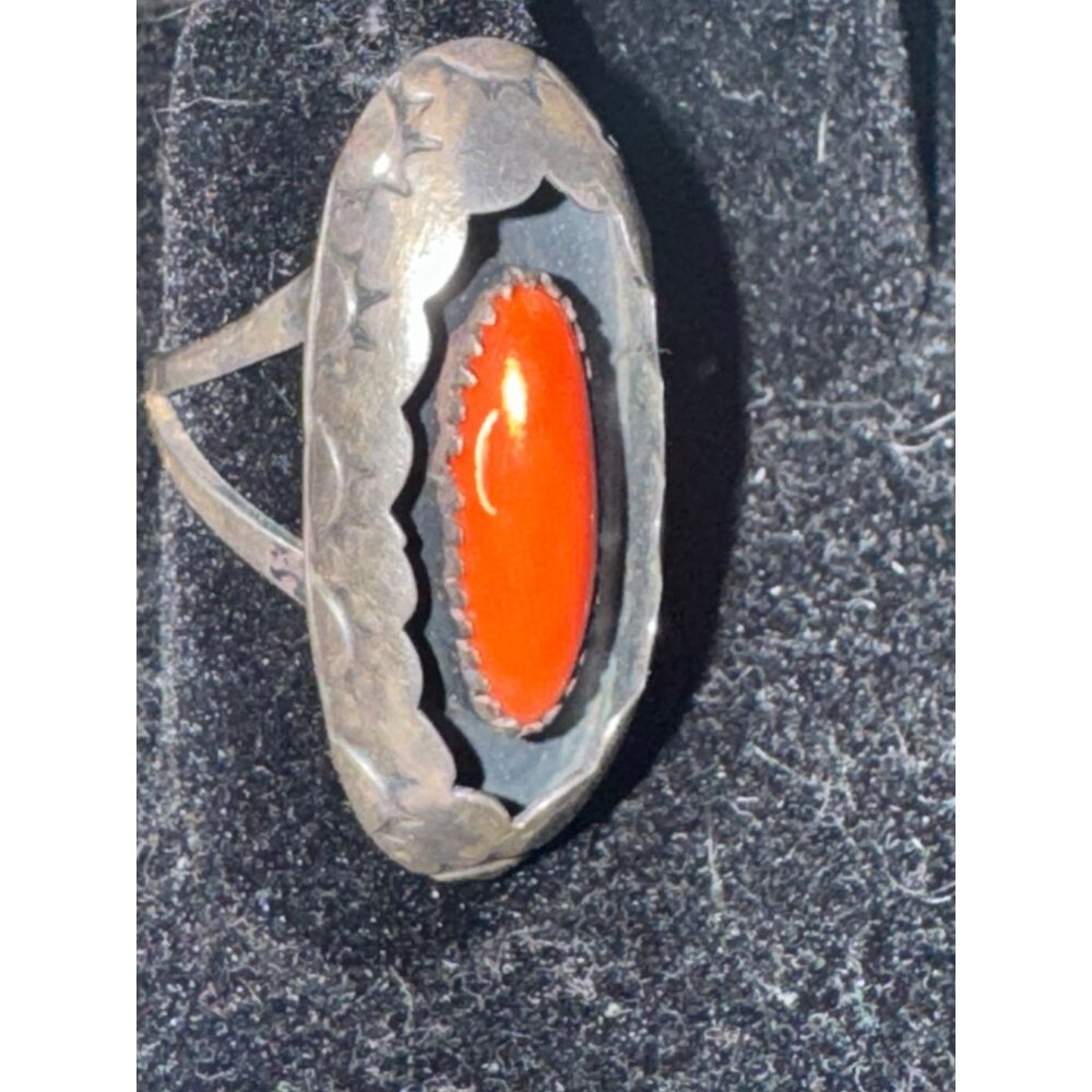 Shadow Box Coral Navajo Native American Sterling Silver Ring Size 7 - Picture 3 of 9